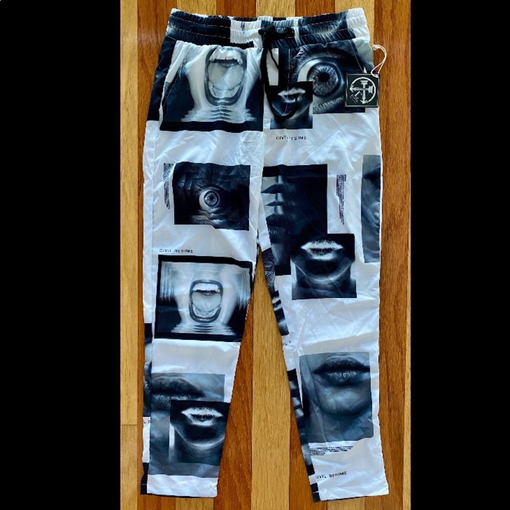 NEW CIVIL REGIME LADIES POP ART PHOTO JOGGER PANTS ATHLETIC BLACK WHITE M NWT